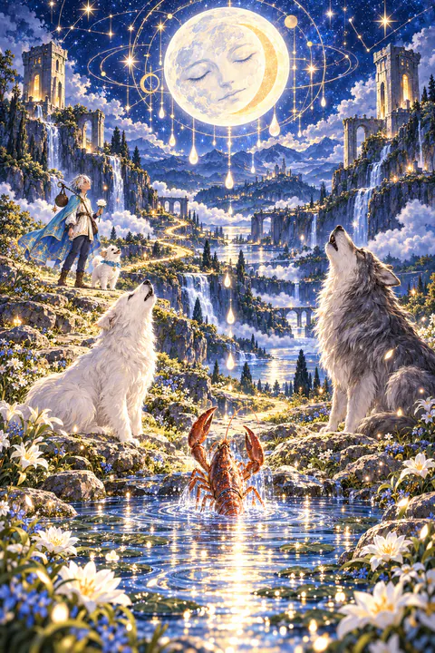The Moon. A full moon with a sleeping face hangs in the sky, a crescent tucked within it, as drops of light fall toward the earth. Below, a dog and a wolf howl upward while a crayfish crawls out of a pool. A winding path leads between two towers toward distant hills.
