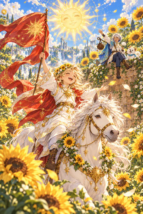 The Sun. A large, radiant sun with a friendly face shines over tall sunflowers peeking above a brick wall. A smiling child rides a white horse, arms open wide, holding a flowing red banner. The sky is clear and bright.