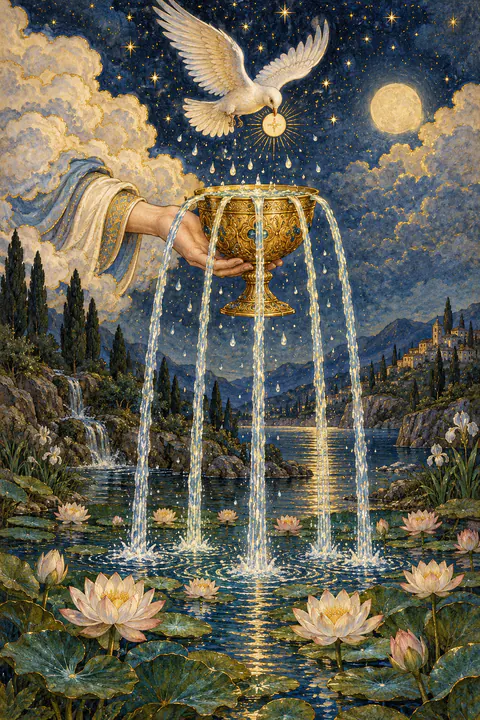 Ace of Cups. A hand emerges from a cloud holding a golden chalice that overflows with five streams of water into a pond of lotus flowers. A white dove descends toward the cup carrying a small wafer, and droplets fall like rain.