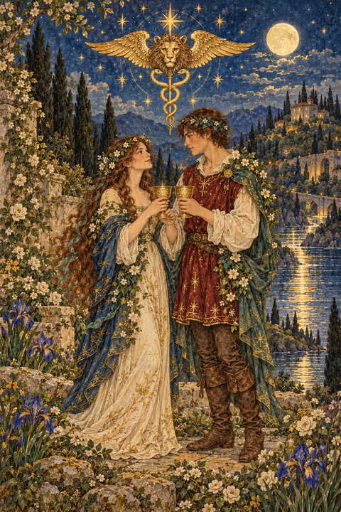 Two of Cups. A young man and woman face each other, each holding a cup as they exchange a pledge. Above them floats a caduceus crowned with a winged lion's head, and a house sits on a green hill beyond.