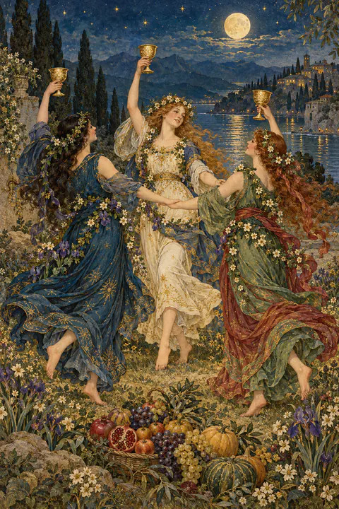 Three of Cups. Three women dance in a circle, each raising a cup high in celebration. Ripe fruit, gourds, and flowers lie at their feet, marking a joyful harvest.