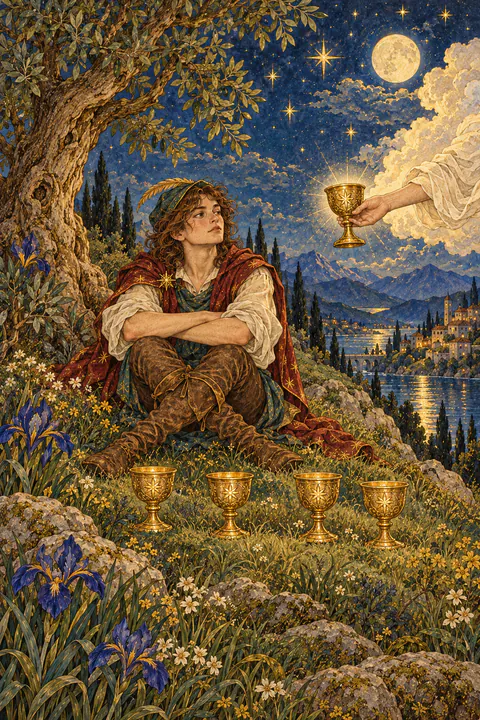 Four of Cups. A young man sits beneath a tree with arms and legs crossed, staring at three cups lined up on the grass before him. A hand from a cloud offers him a fourth cup, which he does not seem to notice.