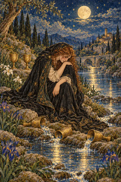 Five of Cups. A figure in a long black cloak bows their head over three spilled cups. Two cups still stand upright behind them, and a river flows toward a bridge and a small castle in the distance.