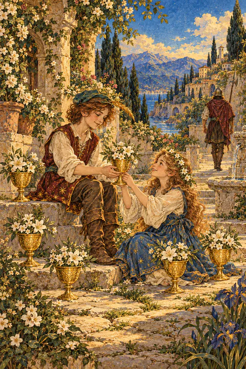 Six of Cups. In a sunny old courtyard, an older child hands a younger one a cup filled with white flowers. Six cups of flowers sit around them, and a guard walks away in the background.