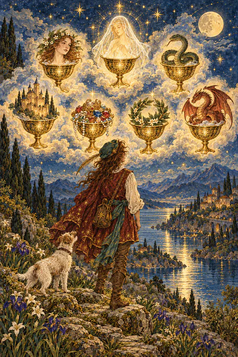 Seven of Cups. A figure seen in silhouette faces seven cups floating in the clouds, each holding a different vision. The cups contain a face, a veiled glowing figure, a snake, a castle, jewels, a laurel wreath, and a dragon.