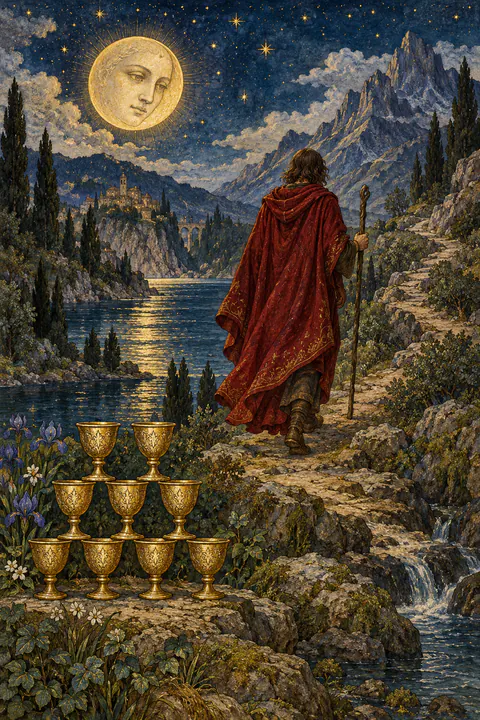 Eight of Cups. A figure in a red cloak walks away from eight neatly stacked cups, leaning on a staff as they head toward rocky mountains. Above, a moon watches over the scene with a thoughtful face.