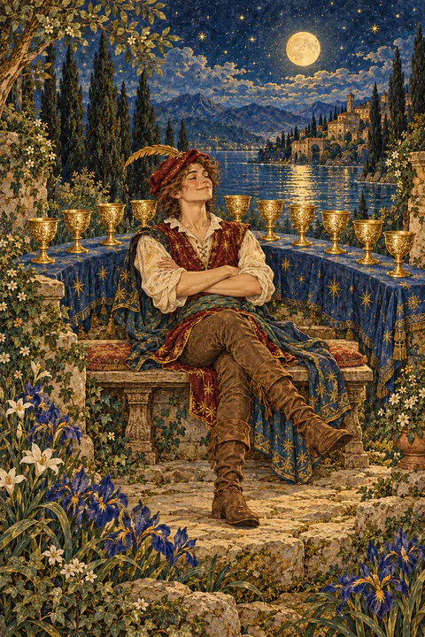 Nine of Cups. A contented man sits on a bench with arms folded and a satisfied smile. Behind him, nine cups stand in an arc on a curved, blue-draped table.