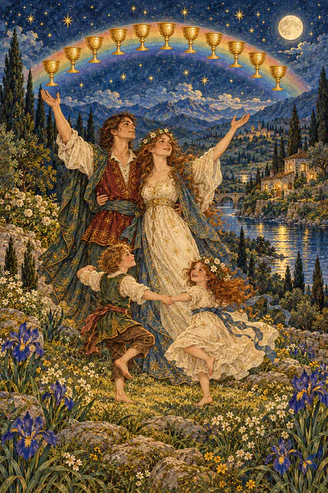 Ten of Cups. A couple stands with arms raised toward a rainbow of ten cups arching across the sky. Beside them, two children dance happily, and a cozy house sits among green hills near a river.