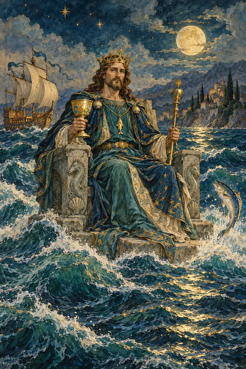 King of Cups. A king sits on a stone throne that floats on a choppy sea, holding a cup in one hand and a scepter in the other while looking outward with composure. A fish pendant hangs at his neck, a ship sails on one side, and a fish leaps from the waves on the other.
