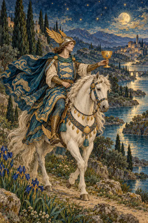 Knight of Cups. A knight in a winged helmet rides a white horse at a calm, steady walk, holding a cup out before him as if making an offering. A gentle river winds through the landscape ahead.