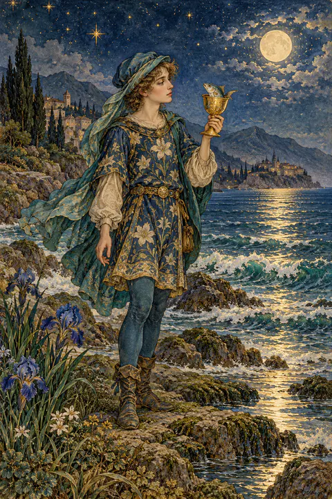 Page of Cups. A young person in a floral tunic stands by the sea, holding a cup and looking curiously at a small fish peeking out of it. Gentle waves roll behind them.