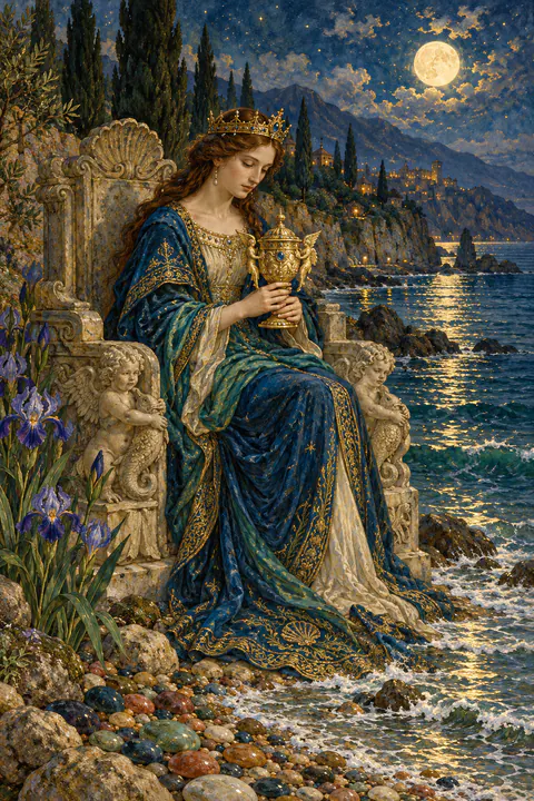 Queen of Cups. A queen sits on a throne at the water's edge, carved with cherubs and sea creatures, gazing inward into an ornate closed cup with angel-shaped handles. Colorful pebbles lie at her feet as gentle waves touch the shore.