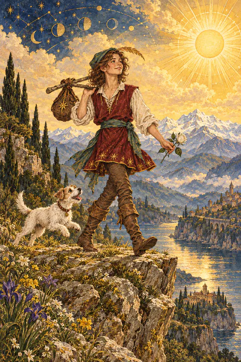 The Fool. A young traveler in a bright patterned tunic steps toward the edge of a cliff, eyes lifted to the sky, a small bundle slung on a staff over one shoulder. A white rose rests in one hand and a little white dog leaps at their heels. Behind them, a pale sun shines over distant snowy mountains.