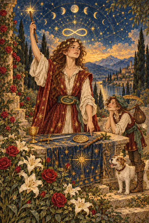 The Magician. A figure in a red robe over white stands behind a table, one hand raising a wand to the sky and the other pointing to the earth. On the table lie a cup, a sword, a pentacle, and a wand, the tools of all four suits. An infinity sign floats above the head, and roses and lilies grow in the foreground.