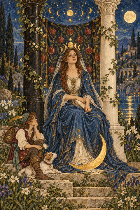 The High Priestess. A calm woman in flowing blue robes sits between a black pillar and a white pillar, a crescent moon at her feet. She holds a partly hidden scroll in her lap and wears a crown shaped like the phases of the moon. Behind her hangs a veil decorated with pomegranates, concealing water beyond.