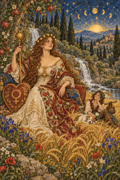 The Empress. A serene woman in a robe patterned with pomegranates rests on cushions in a lush garden, wearing a crown of twelve stars. A heart-shaped shield bearing the symbol of Venus leans beside her, and ripe wheat grows at her feet. Behind her, a waterfall spills into a stream beneath tall trees.