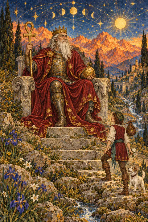 The Emperor. A bearded ruler in red robes over armor sits on a stone throne carved with ram heads. He holds an ankh-shaped scepter in one hand and a golden orb in the other. Behind him rise stark orange mountains with a narrow stream at their base.