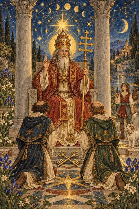 The Hierophant. A religious figure in red robes and a triple crown sits between two gray pillars, raising one hand in blessing and holding a triple cross in the other. Two followers kneel before him with their backs to the viewer, and two crossed keys lie at his feet.