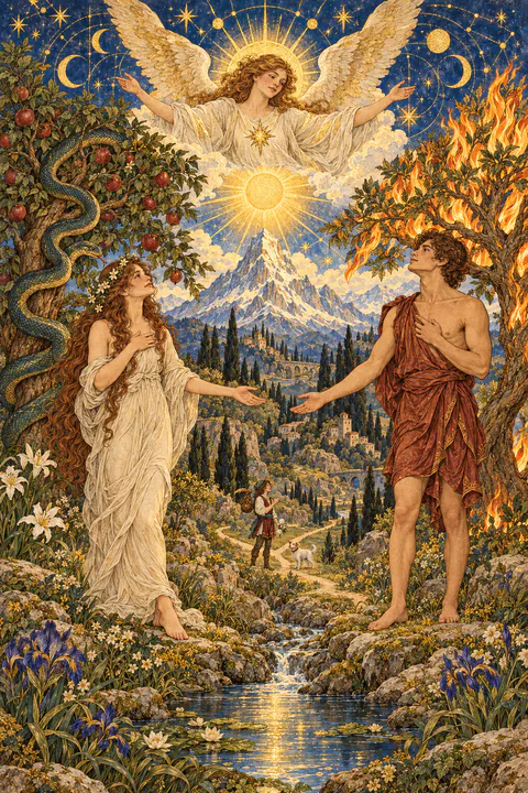 The Lovers. A man and a woman stand unclothed beneath a radiant angel whose arms spread in blessing above them. Behind the woman stands a tree with a serpent coiled around it, and behind the man a tree bearing flames. A tall mountain rises between them under a bright sun.