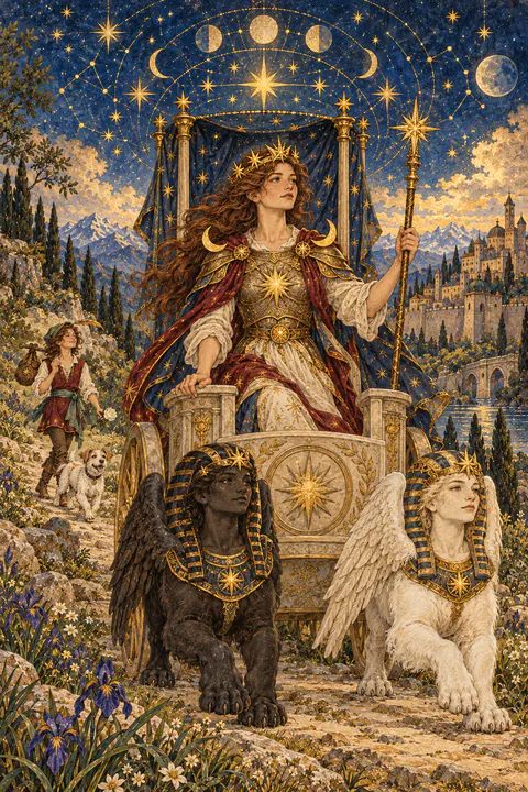 The Chariot. A crowned figure in armor stands in a stone chariot beneath a canopy of stars, a walled city behind them. Two sphinxes, one black and one white, rest in front of the chariot with no reins attached. Crescent moons sit on the driver's shoulders, and a wand is held firmly in one hand.