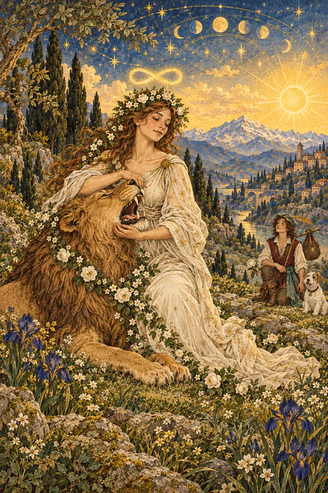 Strength. A woman in a white robe crowned with flowers gently holds the jaws of a lion. An infinity sign floats above her head, and a garland of flowers links her to the animal. A soft yellow sky stretches over green hills and a distant mountain.