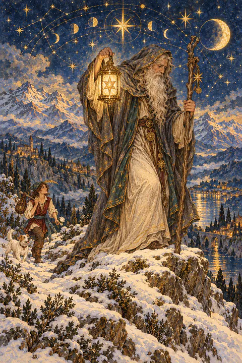 The Hermit. An old man in a long gray cloak stands alone on a snowy mountain peak. He holds up a lantern containing a six-pointed star and leans on a tall staff. His eyes are lowered, as though looking inward or lighting the way for someone below.