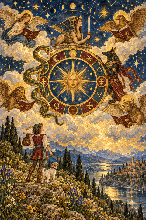 Wheel of Fortune. A great wheel inscribed with letters and alchemical symbols turns in the clouds. A sphinx holding a sword sits on top, a snake slides down one side, and a jackal-headed figure rises on the other. In each corner, a winged creature reads from an open book.