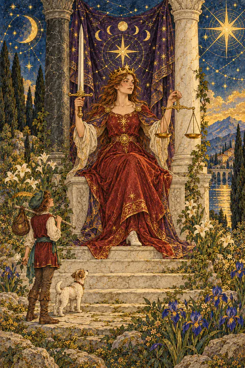 Justice. A figure in a red robe and a golden crown sits between two stone pillars, a purple veil hanging behind. One hand holds an upright double-edged sword pointing to the sky, and the other holds a pair of balanced scales. A white shoe peeks out from beneath the robe.