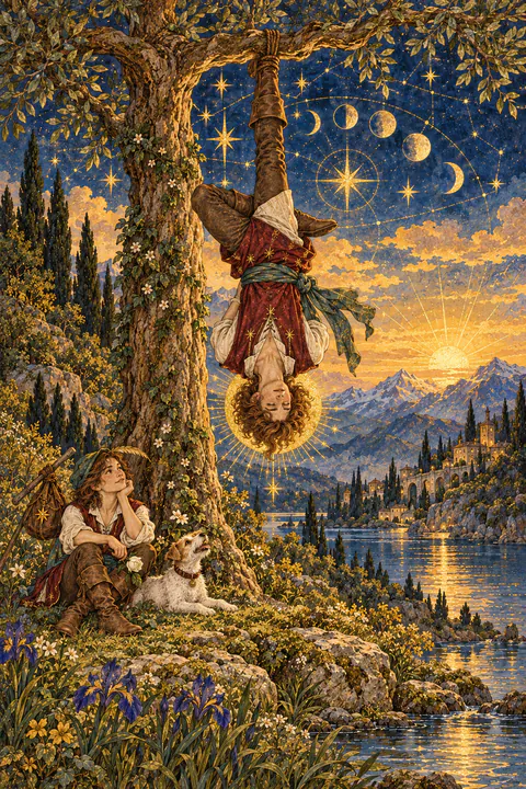 The Hanged Man. A man hangs upside down by one foot from a living T-shaped tree, his other leg bent behind the knee to form a cross. His hands are folded behind his back, and a golden halo glows around his head. His expression is calm, even peaceful.