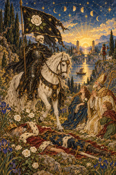 Death. A skeleton in black armor rides a white horse, carrying a black banner marked with a white rose. Before the horse, a fallen king lies on the ground while a bishop and two younger figures look on. In the distance, a sun rises between two towers beyond a river where a small boat drifts.