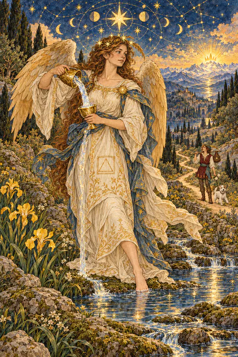 Temperance. A winged angel in a white robe pours water between two cups, one foot resting on land and the other in a pool. A triangle within a square is marked on the robe, and yellow irises grow nearby. A path winds from the water toward distant mountains where a glowing, crown-like light rises.