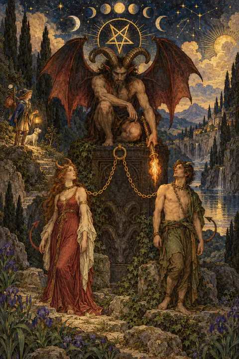 The Devil. A horned figure with bat-like wings crouches on a dark pedestal, an inverted pentagram above his head and a torch held downward. Chained to the pedestal stand a man and a woman, each with small horns and tails. The chains around their necks are loose enough to lift off.
