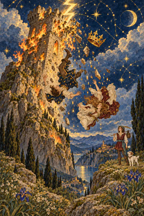 The Tower. A tall stone tower stands on a rocky peak as a bolt of lightning strikes its top, knocking off a golden crown. Flames burst from the windows, and two figures fall headfirst through the dark sky. Small drops of golden light scatter through the air around them.