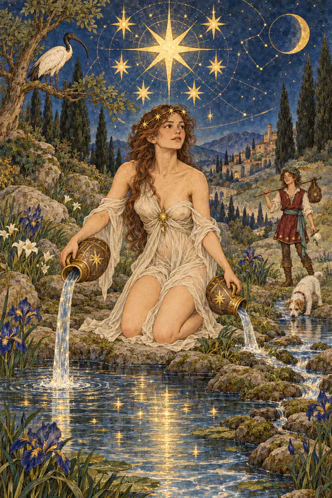 The Star. A woman kneels unclothed beside a pool, pouring water from one jug into the pool and from another onto the land. Above her shines a great eight-pointed star surrounded by seven smaller stars. In the background, an ibis rests in a tree on a gentle hill.