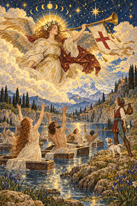Judgement. A great angel emerges from the clouds, blowing a trumpet hung with a white banner marked by a red cross. Below, people rise from open coffins floating on water, their arms lifted toward the sky. Snowy mountains stand in the distance.