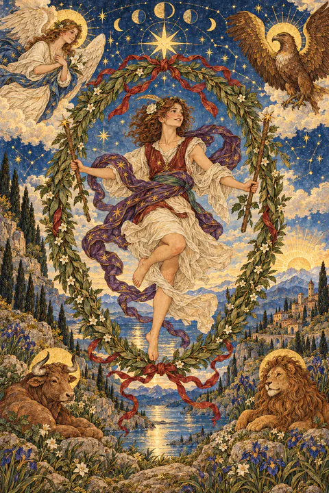 The World. A dancing figure wrapped in a purple sash floats inside a large oval laurel wreath, holding a wand in each hand. The wreath is tied at the top and bottom with red ribbons. In the four corners appear an angel, an eagle, a lion, and a bull.