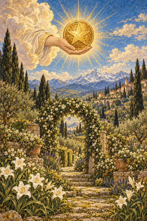 Ace of Pentacles. A hand reaches out of a cloud, holding a single golden pentacle in its open palm. Below lies a flourishing garden with white lilies and a hedge archway. Through the arch, a path leads toward distant mountains.