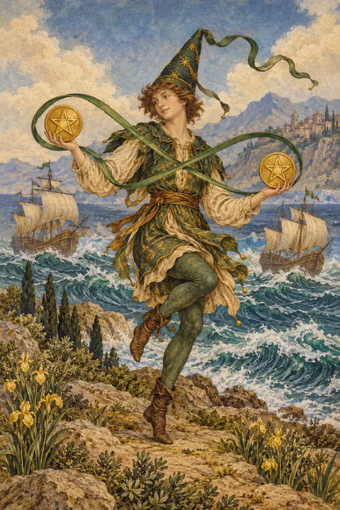 Two of Pentacles. A young figure in a tall hat dances lightly while juggling two pentacles. A green ribbon loops around them in a figure-eight, the sign of infinity. Behind, two ships ride high, rolling waves.