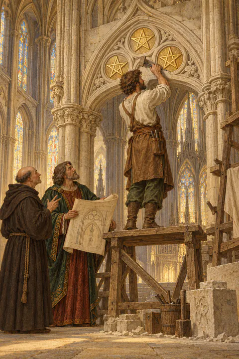 Three of Pentacles. Inside a cathedral, a stonemason stands on a bench working on an archway. Two figures, a monk and a robed architect holding plans, look on and discuss the work. Three pentacles are carved into the stone arch above.