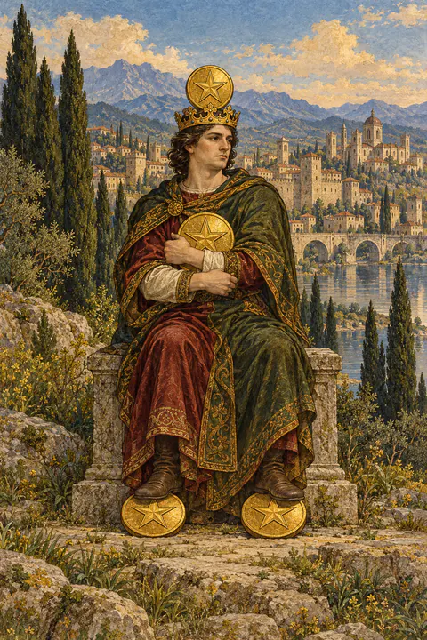 Four of Pentacles. A crowned figure sits on a stone seat in front of a city, hugging one pentacle tightly to their chest. Another pentacle balances on their crown, and two more are pinned under their feet. Their posture is closed and protective.