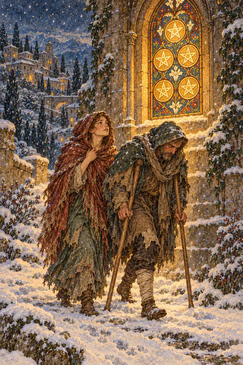 Five of Pentacles. Two figures in ragged clothes make their way through falling snow, one leaning on crutches. They pass beneath a glowing stained-glass window decorated with five pentacles. The warm light is just above them, though neither seems to notice it.