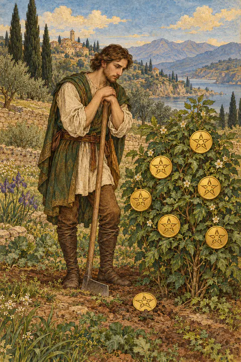 Seven of Pentacles. A farmer leans on a hoe and looks thoughtfully at a leafy bush heavy with six pentacles. A seventh pentacle rests on the ground near his feet. His expression is patient, weighing the growth so far.