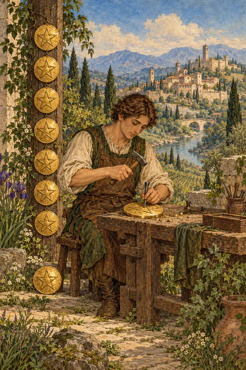 Eight of Pentacles. A craftsperson sits at a workbench, carefully carving a pentacle with hammer and chisel. Finished pentacles hang in a column on a post beside him, with another resting on the ground. A small town stands in the distance behind.