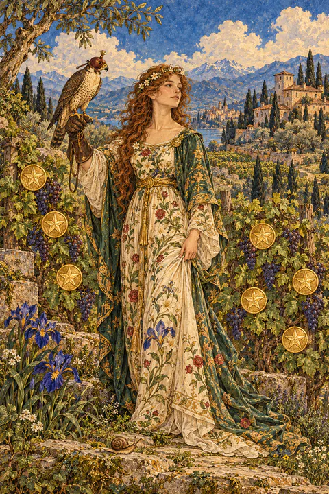Nine of Pentacles. A woman in a robe patterned with flowers stands in a lush vineyard, a hooded falcon perched on her gloved hand. Nine pentacles grow among the grapevines around her. A snail crawls at her feet, and a manor house stands in the distance.