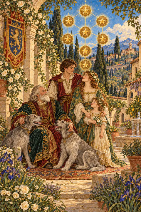 Ten of Pentacles. An elderly man in an ornate robe sits beneath an archway, stroking two gray dogs. A younger couple and a child stand nearby in the courtyard of a prosperous home. Ten pentacles are arranged over the scene in the pattern of the Tree of Life, and a coat of arms hangs on the arch.