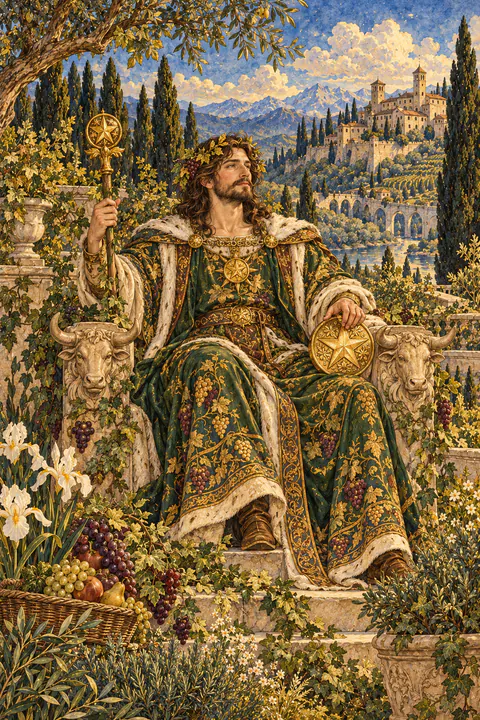 King of Pentacles. A king sits facing outward on a throne carved with bull heads, his robe covered in a pattern of grapevines. He holds a scepter in one hand and a pentacle rests on his knee under the other. A castle rises behind him and his garden is full of growth.