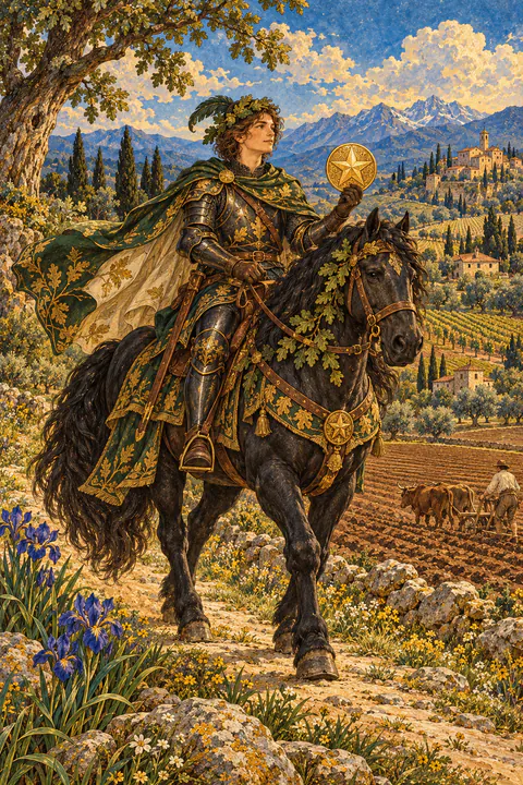 Knight of Pentacles. A knight in dark armor rides a heavy black horse at a slow, steady pace, holding a single pentacle before him. Oak leaves decorate his helmet and the horse's bridle. Plowed fields stretch out behind them under a clear sky.
