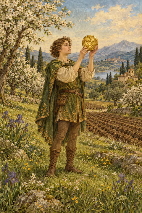 Page of Pentacles. A young figure stands in a green field, holding a pentacle up in both hands and gazing at it with fascination. Freshly plowed furrows stretch behind them, and trees bloom nearby. The scene is calm and full of possibility.