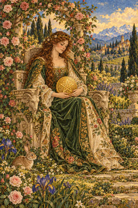 Queen of Pentacles. A queen sits on an ornate throne carved with fruit and goat heads, cradling a pentacle in her lap and looking down at it tenderly. Roses arch overhead and a lush garden surrounds her. A small rabbit sits in the corner of the scene.