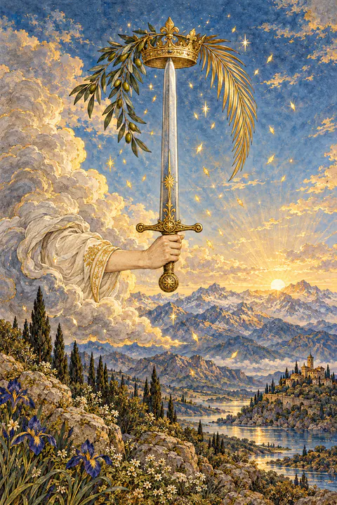 Ace of Swords. A hand reaches out of a gray cloud, gripping a single double-edged sword that points straight up. A golden crown rests on the tip, draped with an olive branch and a palm frond. Below, a bare range of mountains stretches away while small sparks of light drift through the air.